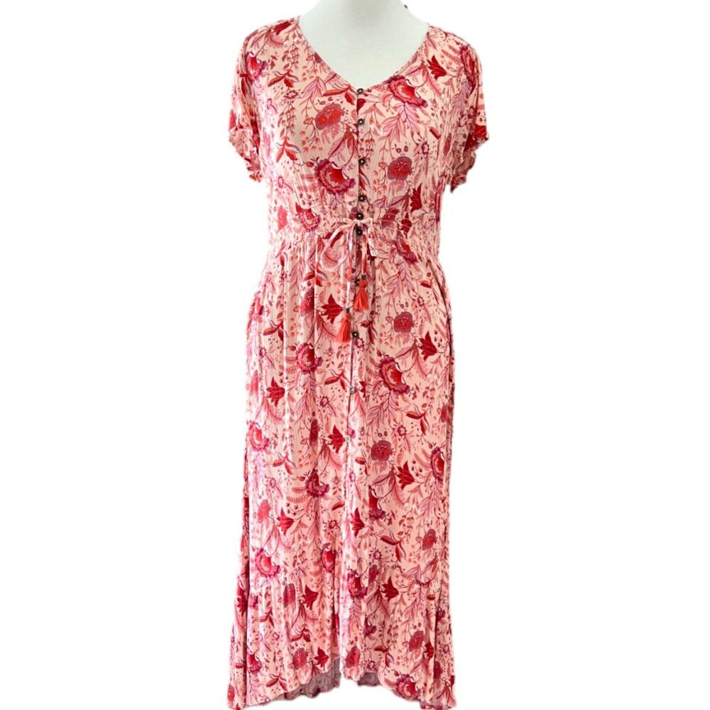 Knox Rose Hi-Low Boho Pink Floral Print Ruffle Sleeve Tasseled Dress Size XL